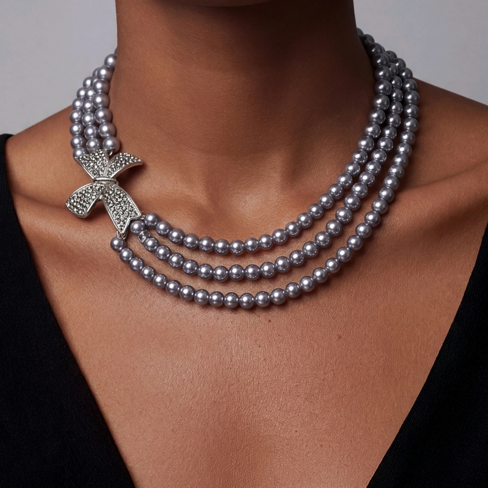 🆕️Simulated Grey Pearl, Grey Austrian Crystal Triple Row Necklace (20-23 In)